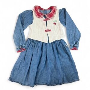 Vintage SF Blues Girls Blue denim dress size 6x red plaid collar cherry details